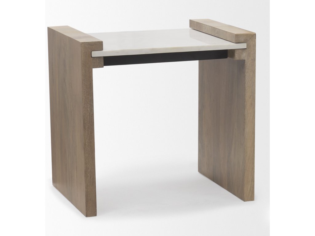 Light Brown Wood w/ White Marble Accent Table