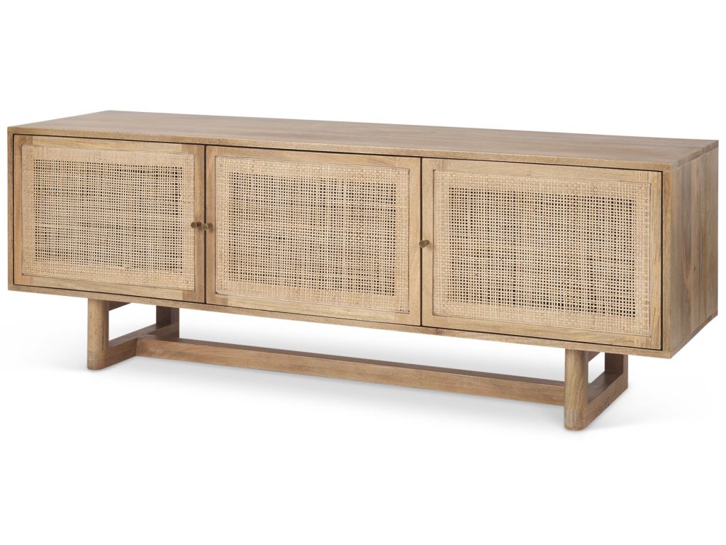 Light Brown Solid Wood and Cane 3 Door Media Console