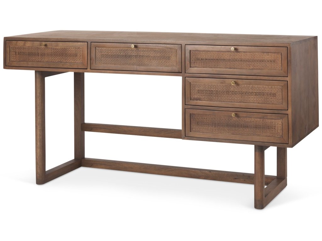 62.0L x 22.0W x 30.0H Medium Brown Solid Wood w/Cane Office Desk