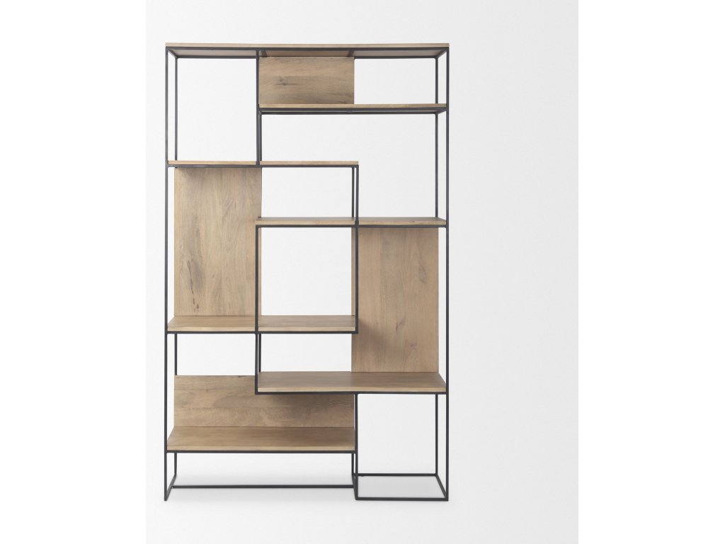 47.0L x 15.0W x 75.0H Light Brown Wood w/ Black Metal Frame 6-Tier Shelving Unit