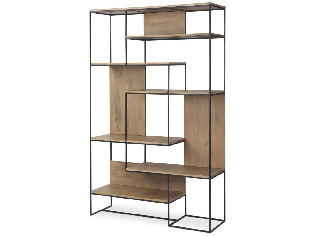 47.0L x 15.0W x 75.0H Light Brown Wood w/ Black Metal Frame 6-Tier Shelving Unit