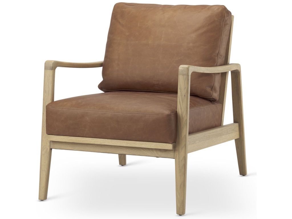 28.0L x 34.1W x 34.4H Cognac Leather w/ Light Brown Wood Frame Accent Chair