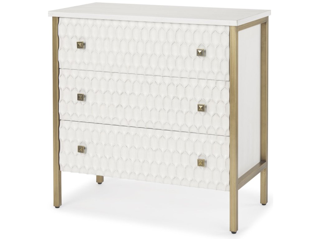 White Fir Veneer w/ Gold Metal 3-Drawer Accent Cabinet