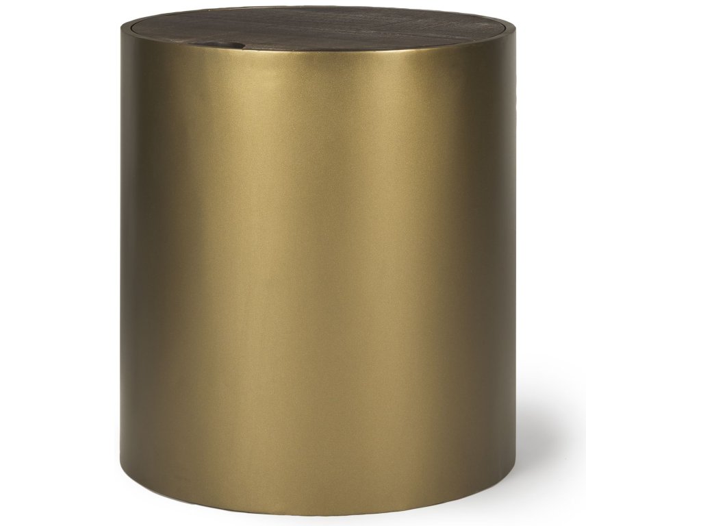 Gold Metal Drum Base w/ Dark Brown Wood Top End/Side Table