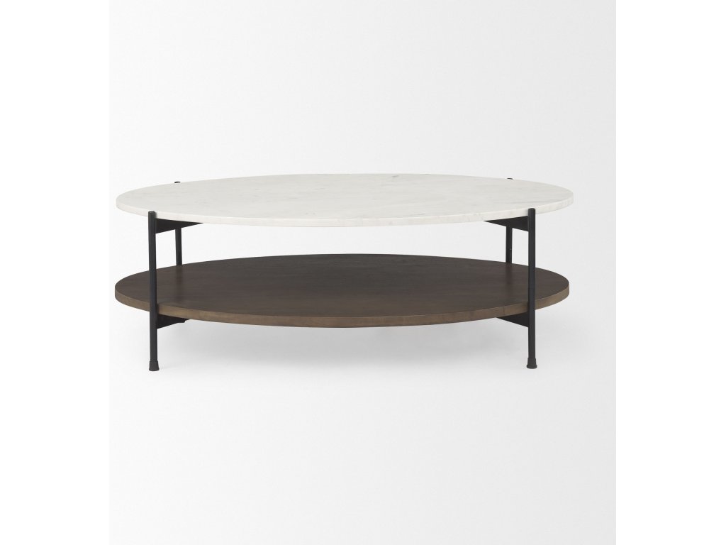 White Marble Top w/ Dark Brown Wood Shelf Oval Coffee Table - Alternative View
