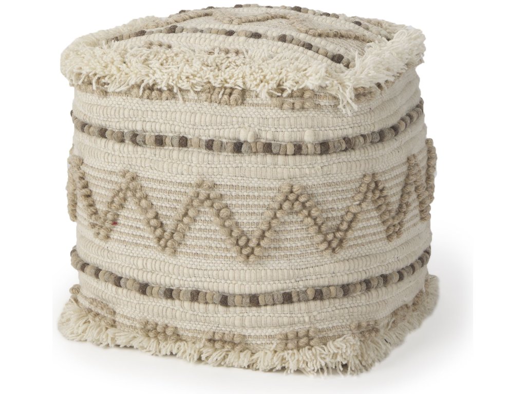 Beige/Brown Wool, Cotton and Felt Popcorn Stitch Square Pouf