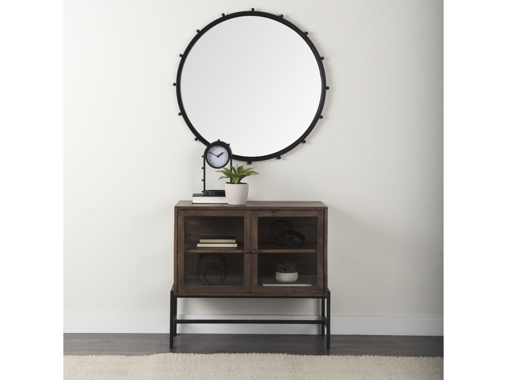 36L x 18W x 32H Medium Brown Wood, Black Metal Base w/ 2 Glass Doors Accent Cabinet - Alternative View