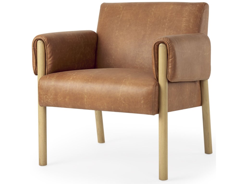 Brown Faux Leather Fabric w/ Light Wood Accent Chair