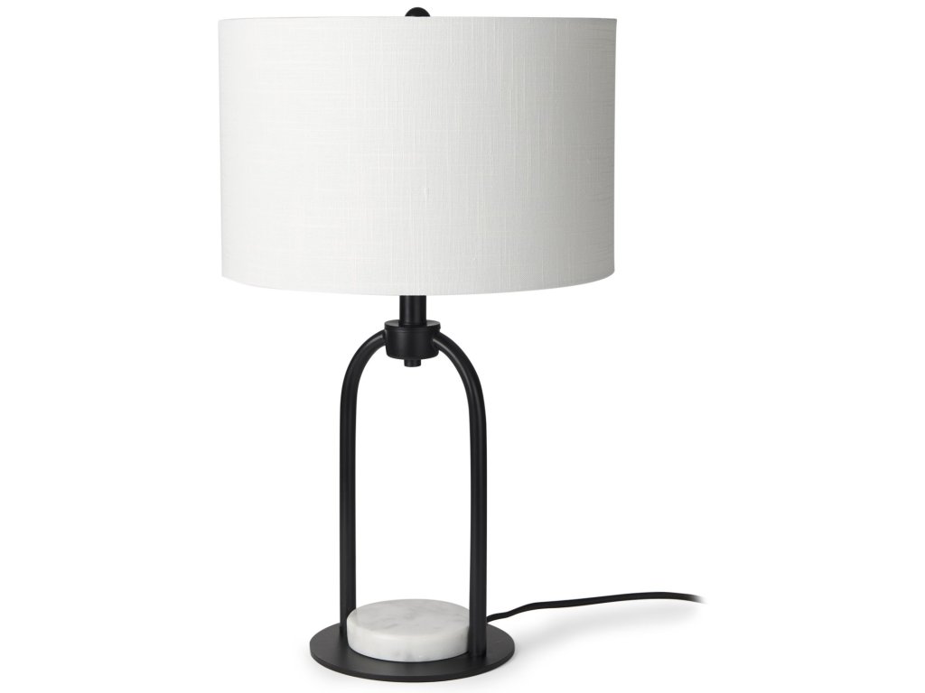 15.0L x 10.0W x 22.2H Arched Black Metal w/Marble Cube and White Shade Table Lamp