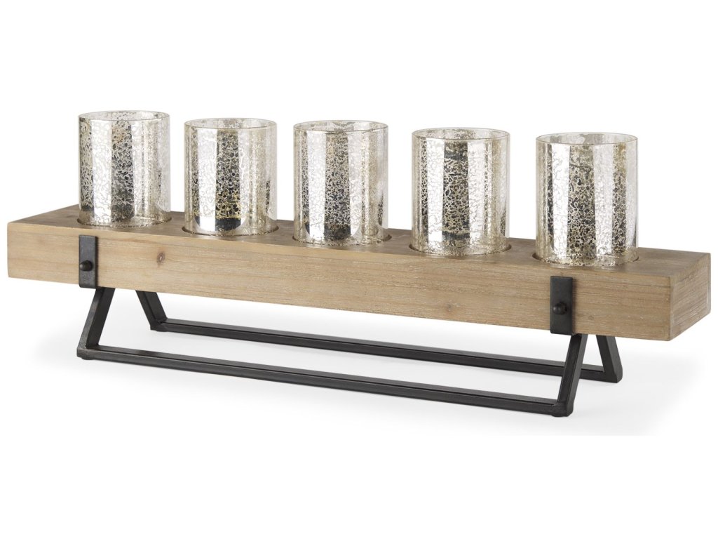 Wood and Black Metal Five Cup Candle Holder