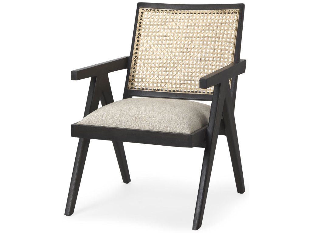 Black Wood Cane-Back w/ Beige Upholstered Seat Accent Chair