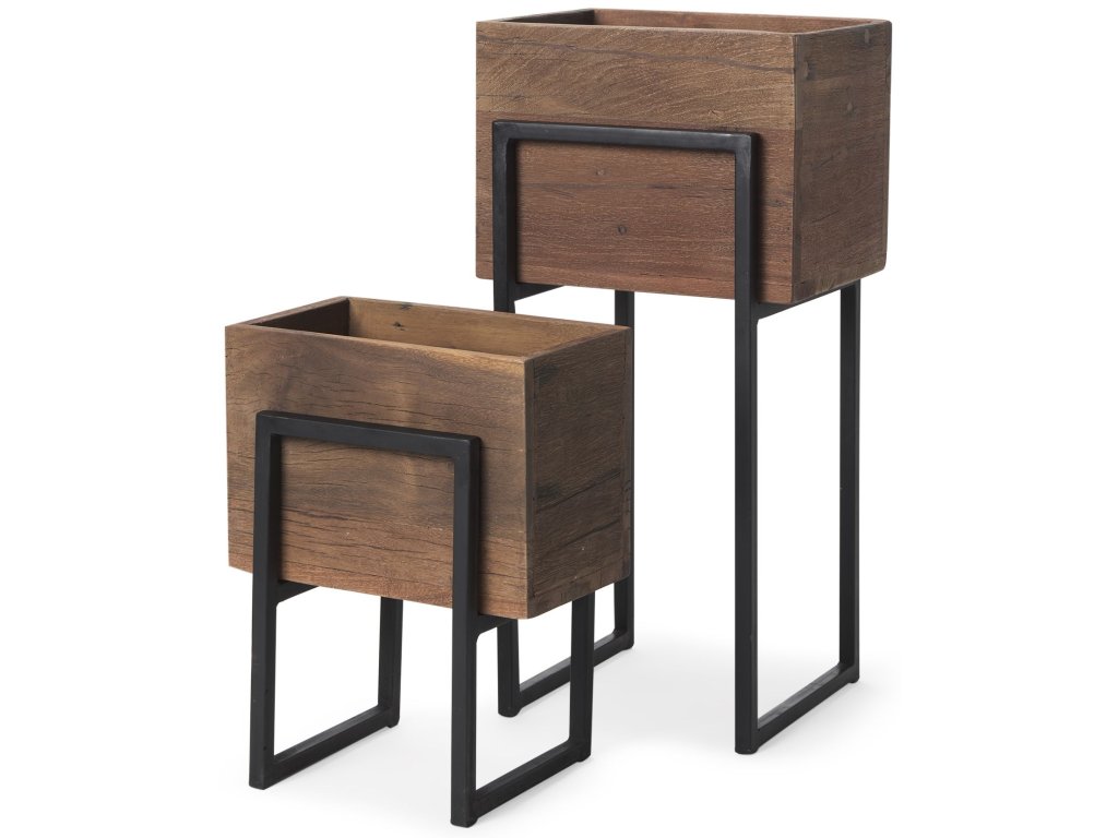 Set of 2 Medium Brown Wood w/ Black Metal Rectangle Frames
