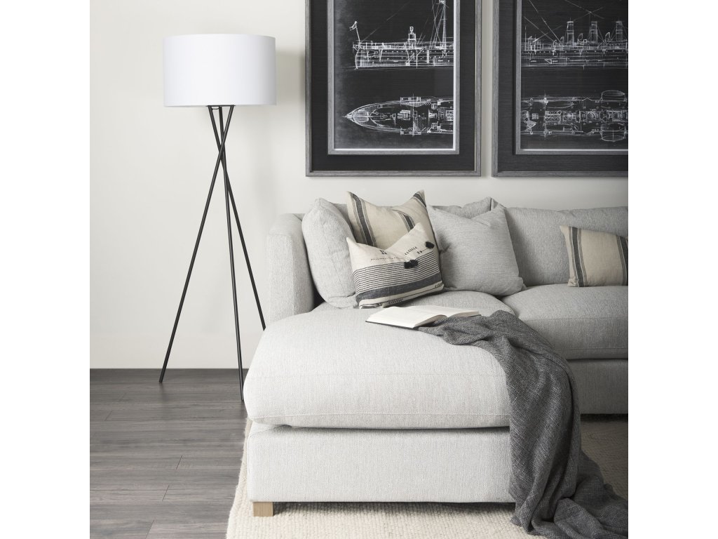 20.0L x 20.0W x 61.8H Black Metal w/White Fabric Shade Floor Lamp