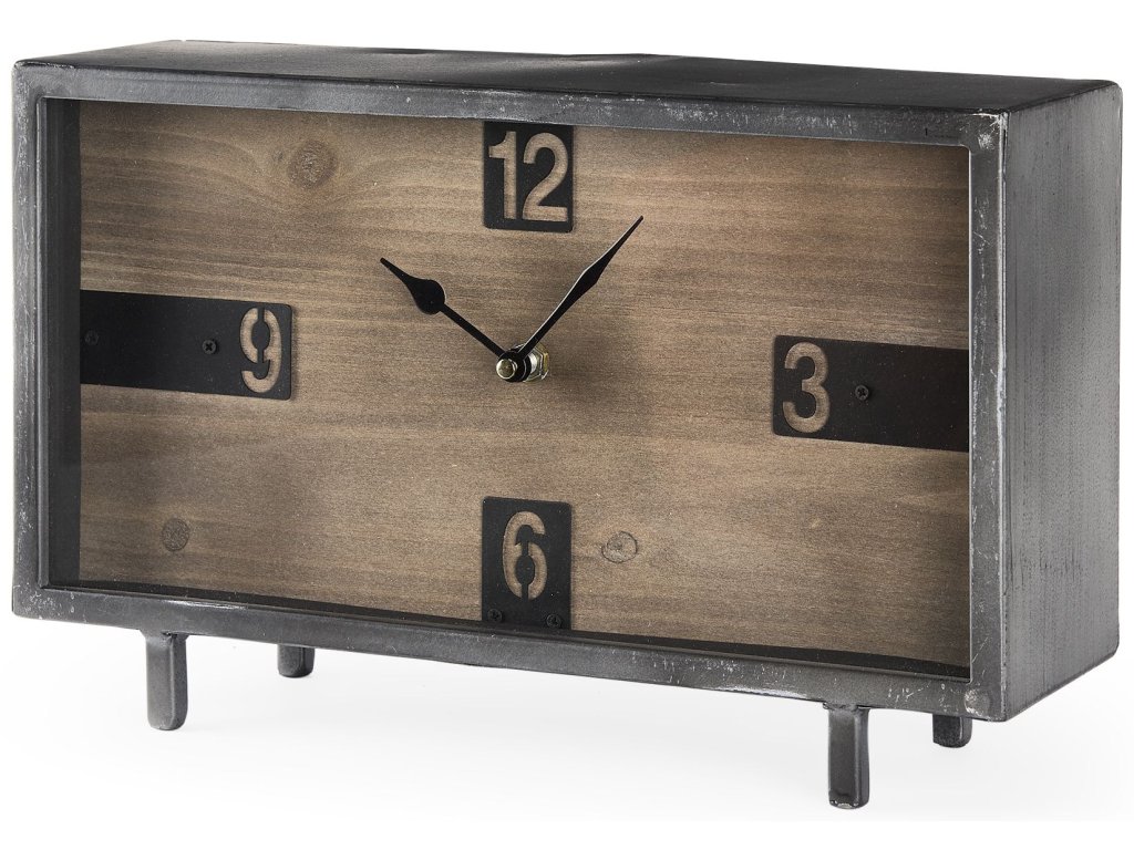 13.0L x 4.5W x 8.1H Black Metal and Wood Rectangular Table Clock