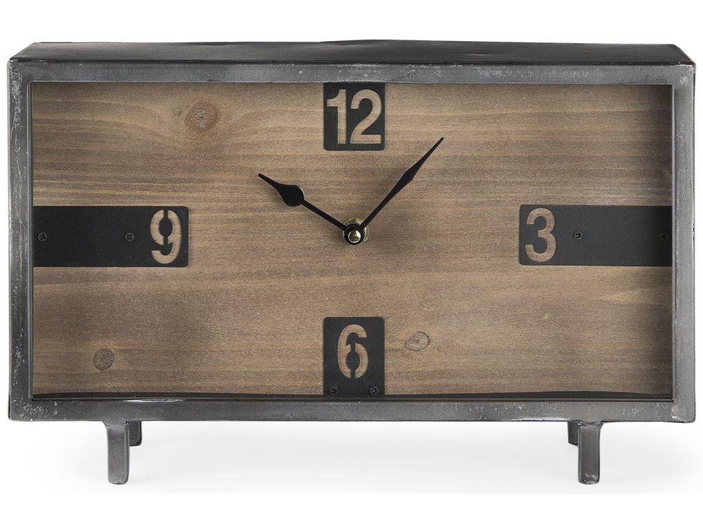 13.0L x 4.5W x 8.1H Black Metal and Wood Rectangular Table Clock