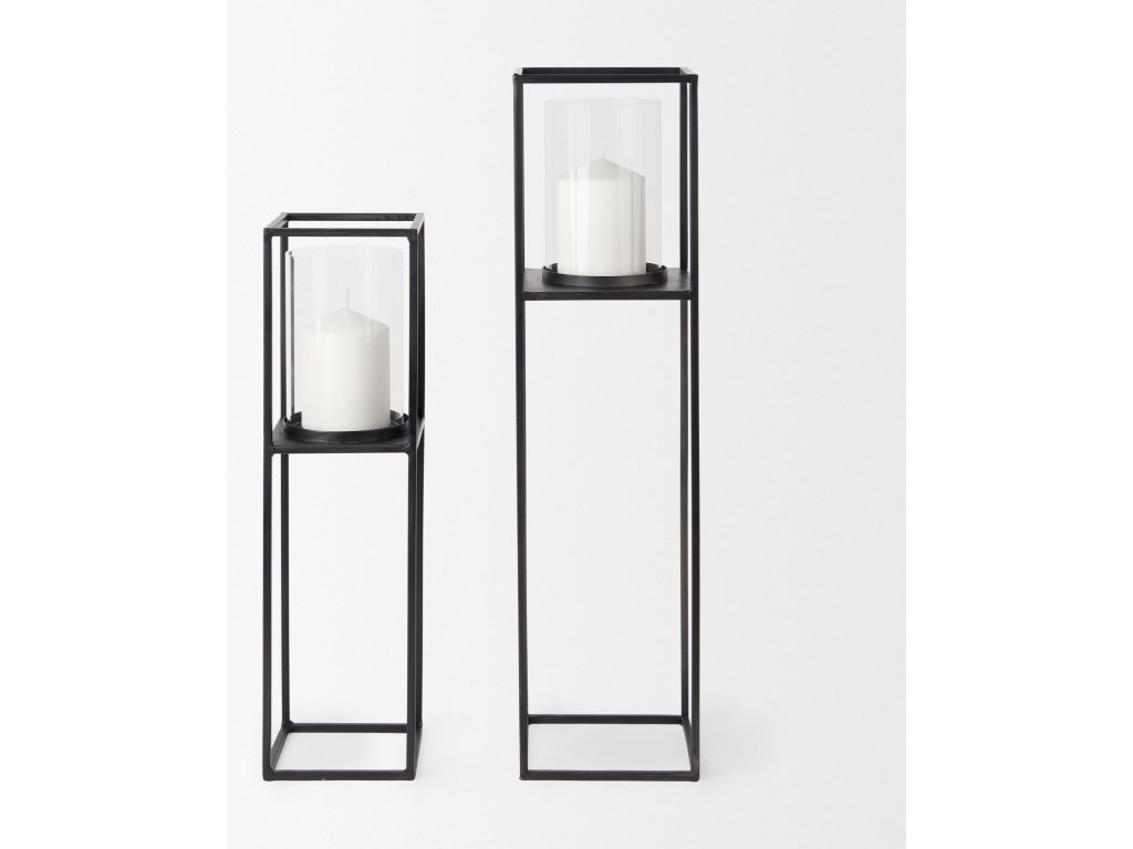 Set of 2 Matte Black Metal and Hurricane Glass Pillar Tabletop Candle Holders