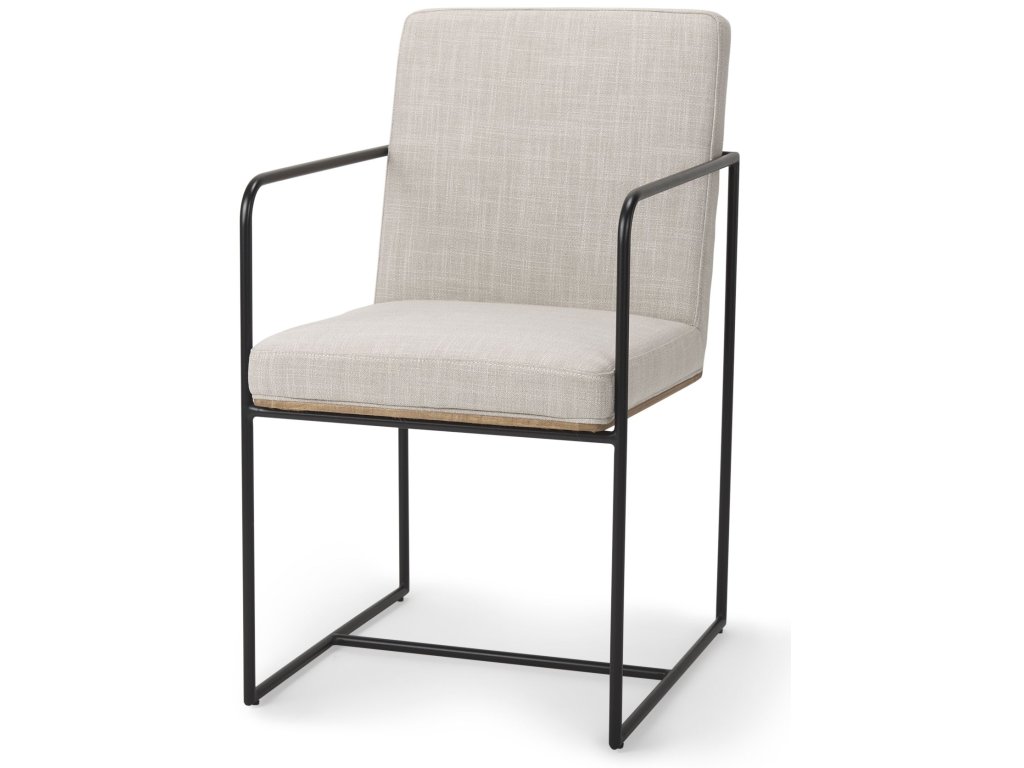 Beige Upholstered Seat w/ Wood Back, Black Metal Frame Dining Chair w/ Arms