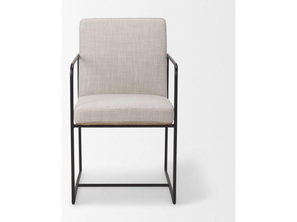 Beige Upholstered Seat w/ Wood Back, Black Metal Frame Dining Chair w/ Arms