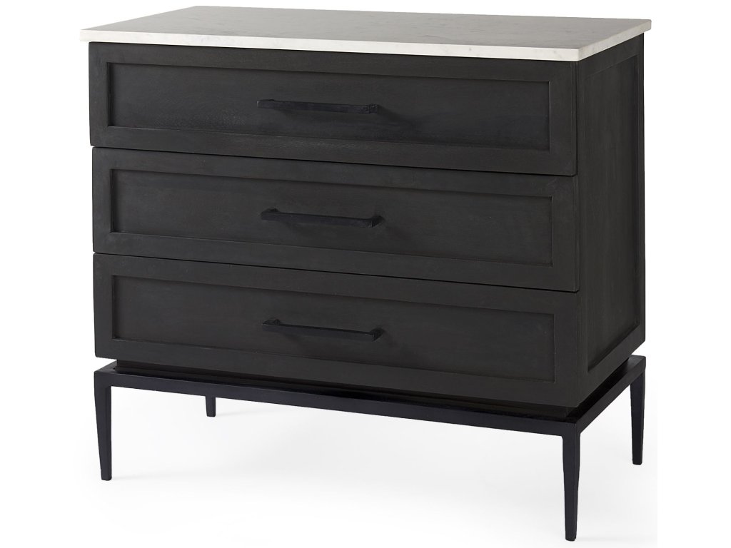 Black-Brown Wood w/ White Marble Top and Black Metal Base Accent Cabinet