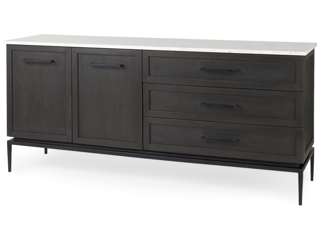 Black-Brown Wood w/ White Marble Top and Black Metal Base Sideboard