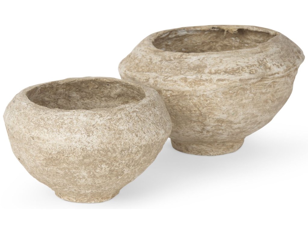 Set of 2 Beige Paper Mache Half-Pot Bowls