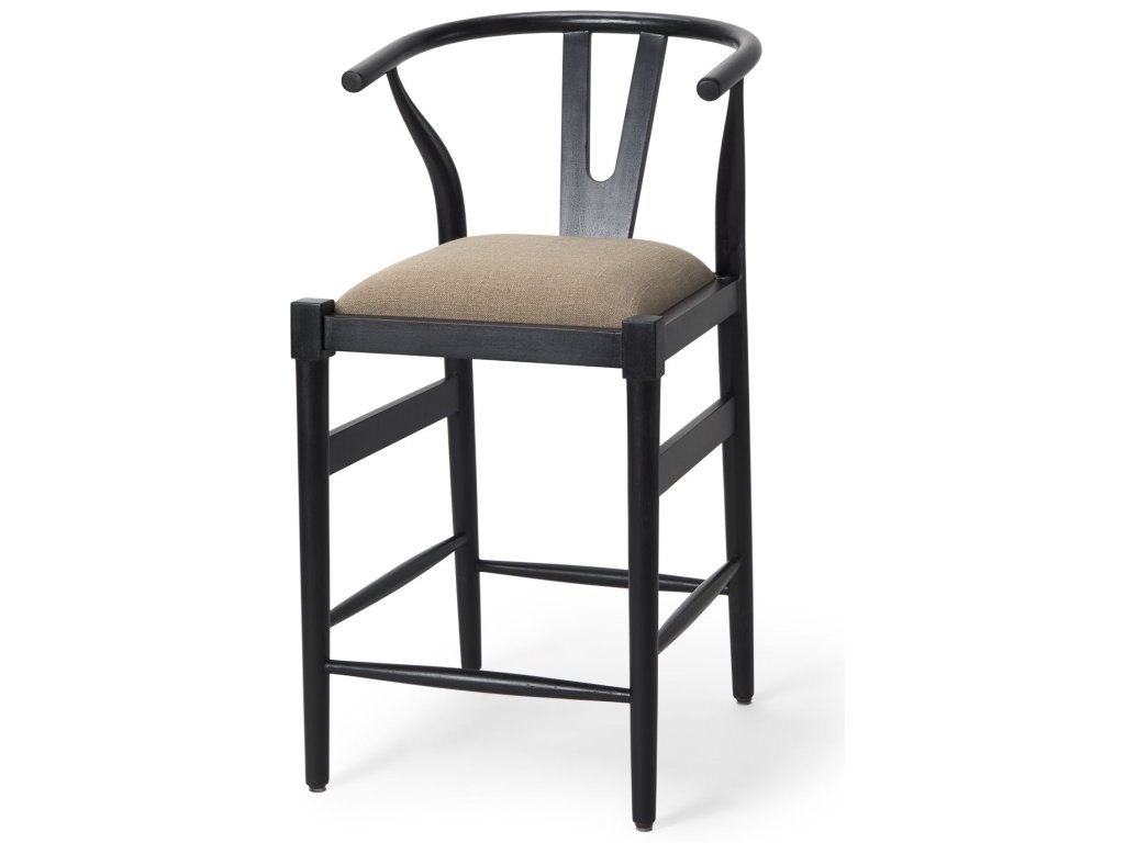 Black Wood Frame w/ Gray Upholstered Seat Counter Stool