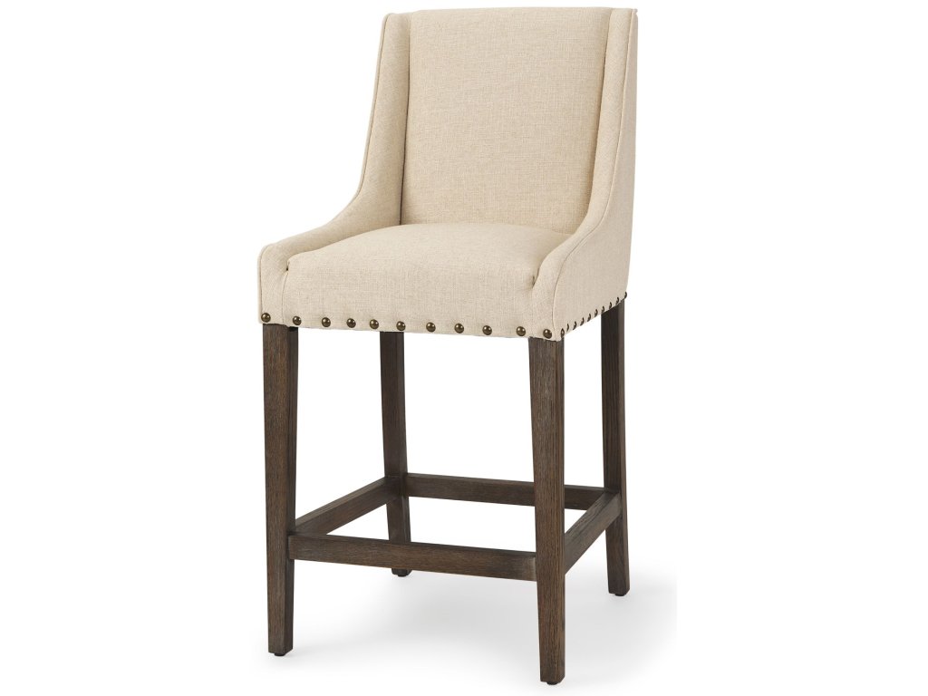 Cream Fabric Seat Brown Wood Frame Counter Stool