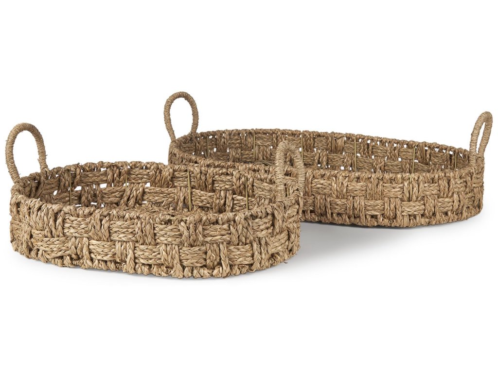 Set of 2 Large Basketweave Seagrass Trays w/ Loop Handles
