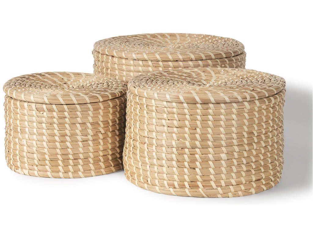 Set of 3 Nesting Seagrass & Palm Leaf Boxes With Lids