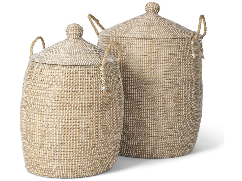 Set of 2 Seagrass Floor Baskets w/ Lids and Handles