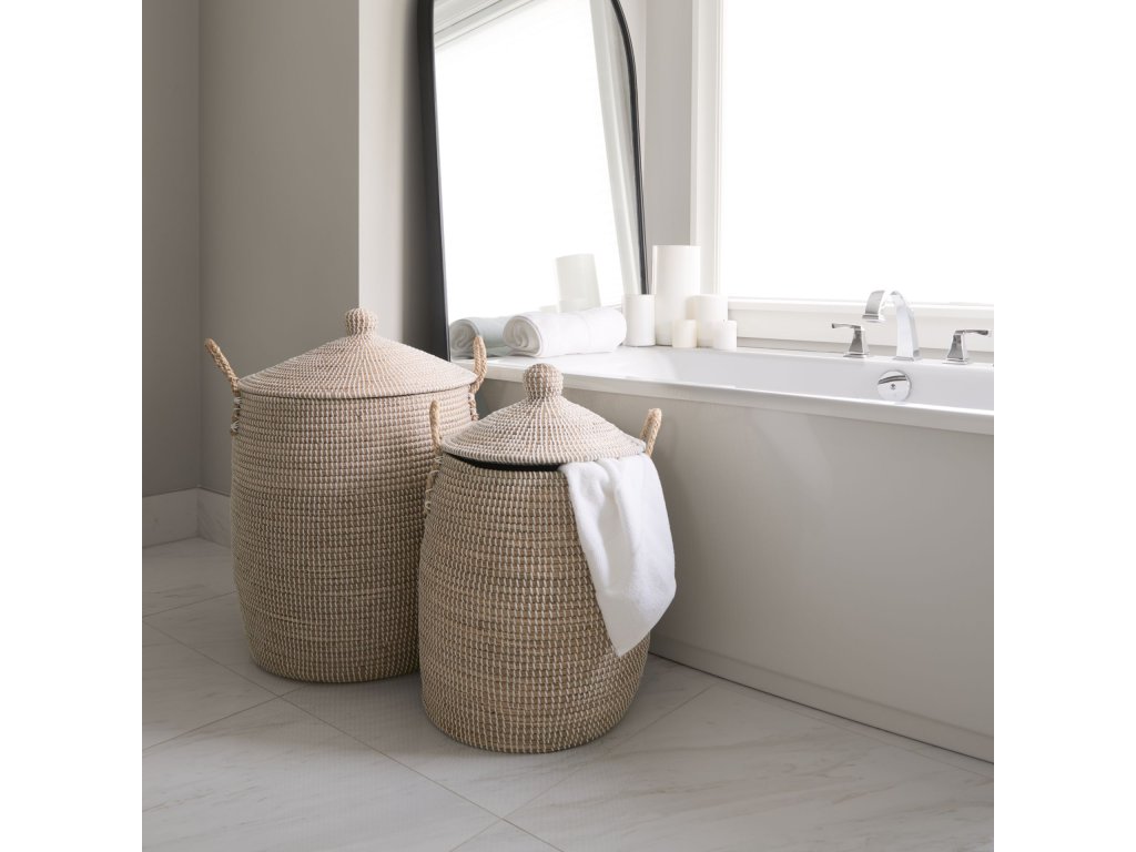 Set of 2 Seagrass Floor Baskets w/ Lids and Handles