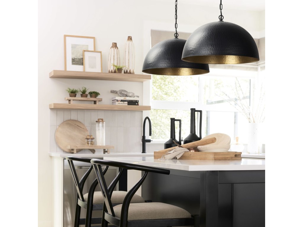 24" Round Matte Black Hammered Metal Dome Pendant Light