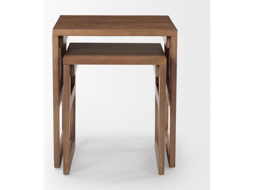 Set of 2 Medium Brown Solid Wood w/ Cane Nesting Accent Tables - Alternative View