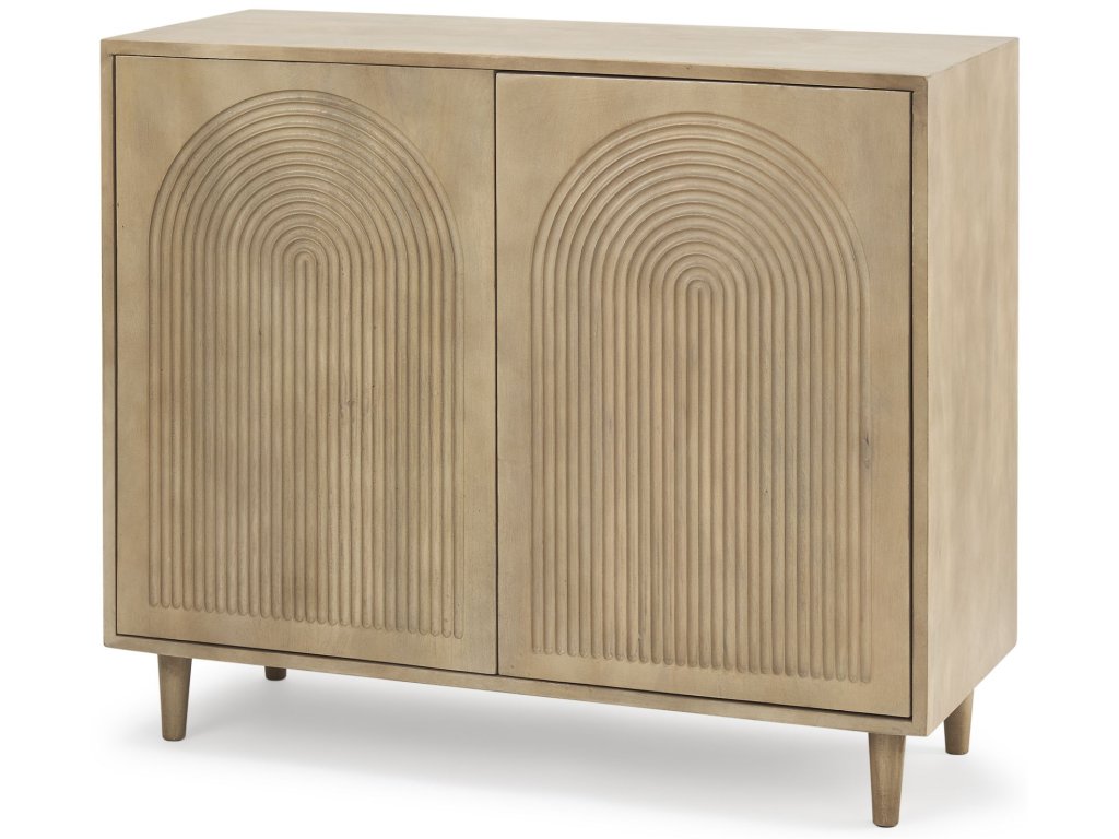 Light Brown Wood w/ Carved Arch Pattern 2 Door Accent Cabinet