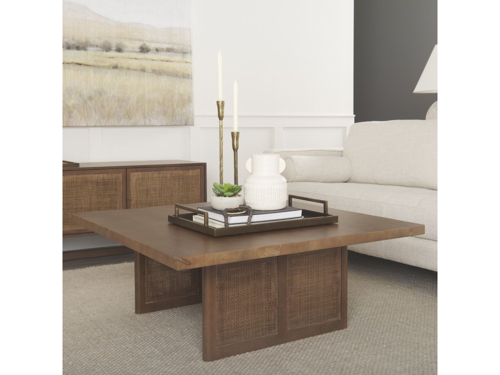 42" Square Medium Brown Solid Wood w/ Cane Coffee Table - Alternative View
