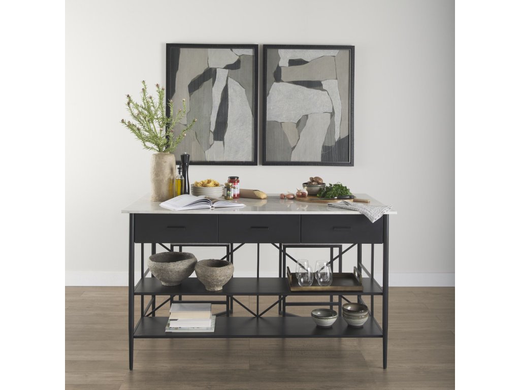 White Marble Top Black Metal Base Kitchen Island