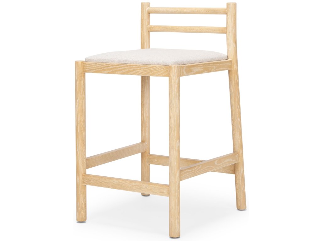 Counter Stool w/ Light Brown Wood Frame and Beige Upholstered Seat