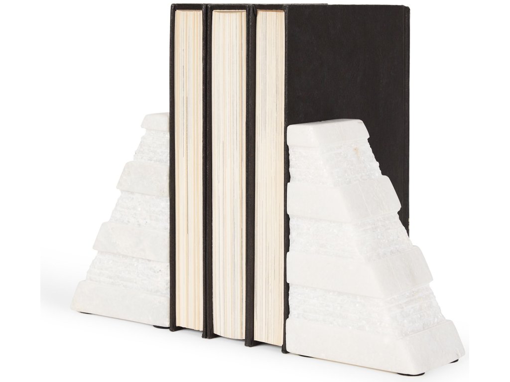 White Marble Bookends w/Rough Carving S/2