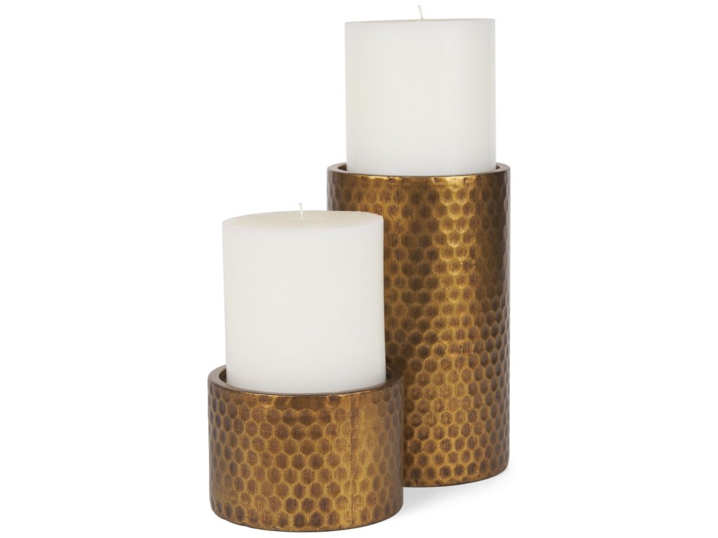 Antiqued Gold Honeycomb Textured Metal Candle Holder (Set of 2)