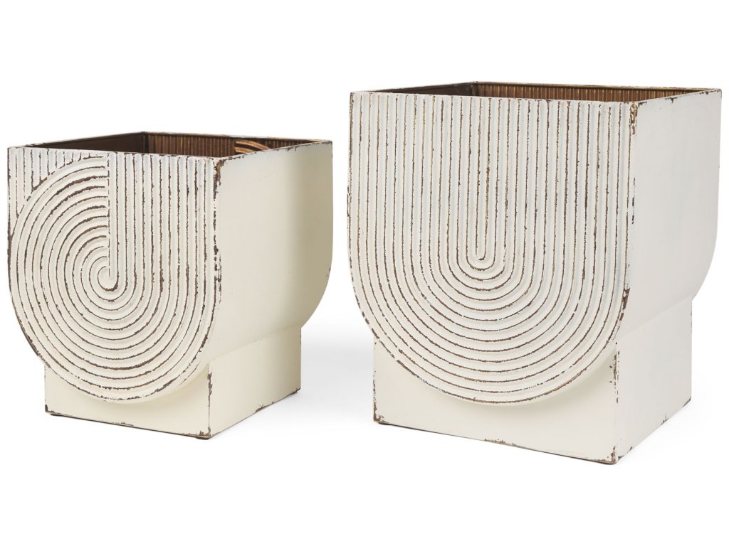 Off White w/ Gold Antiquing Metal Planters (Set of 2)