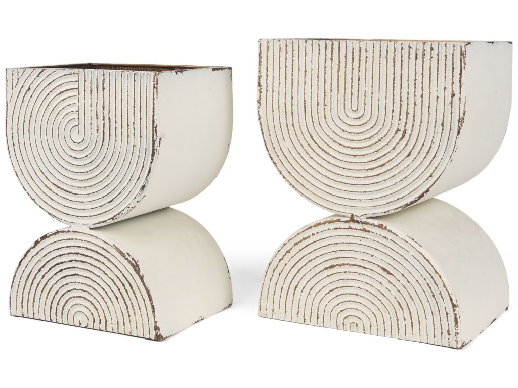 Off White w/ Gold Antiquing Tall Metal Planters (Set of 2)