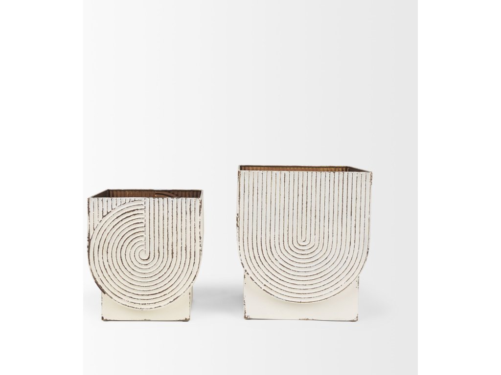 Off White w/ Gold Antiquing Metal Planters (Set of 2)