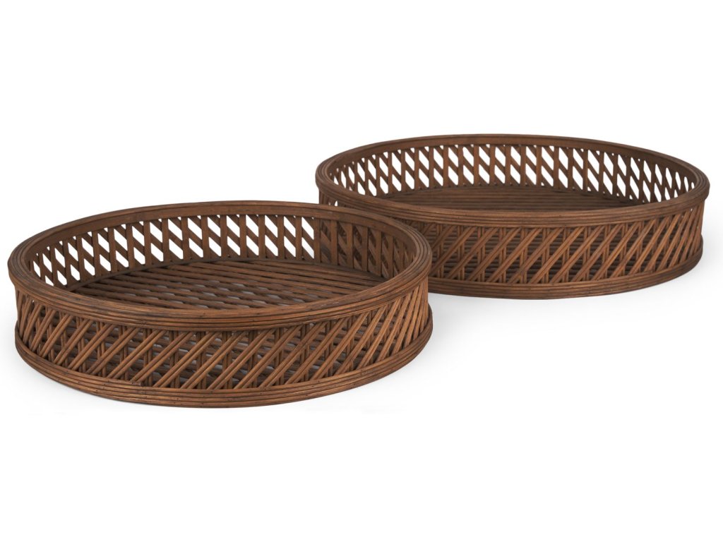Medium Brown Round Wicker Tray (Set of 2)