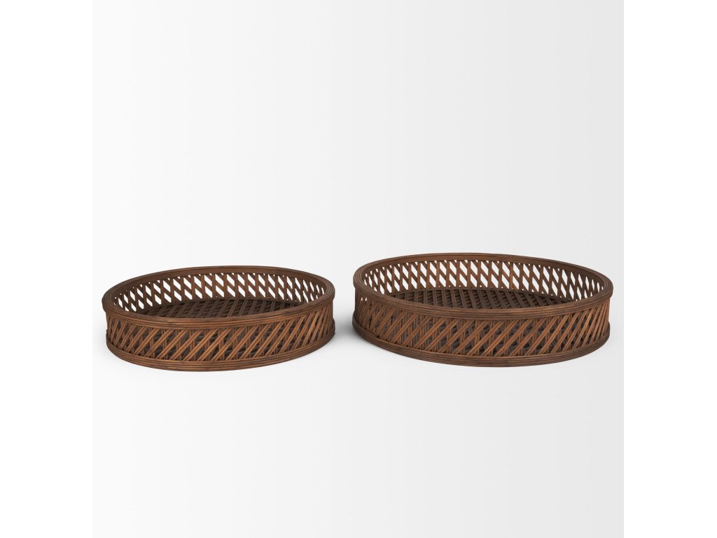 Medium Brown Round Wicker Tray (Set of 2)