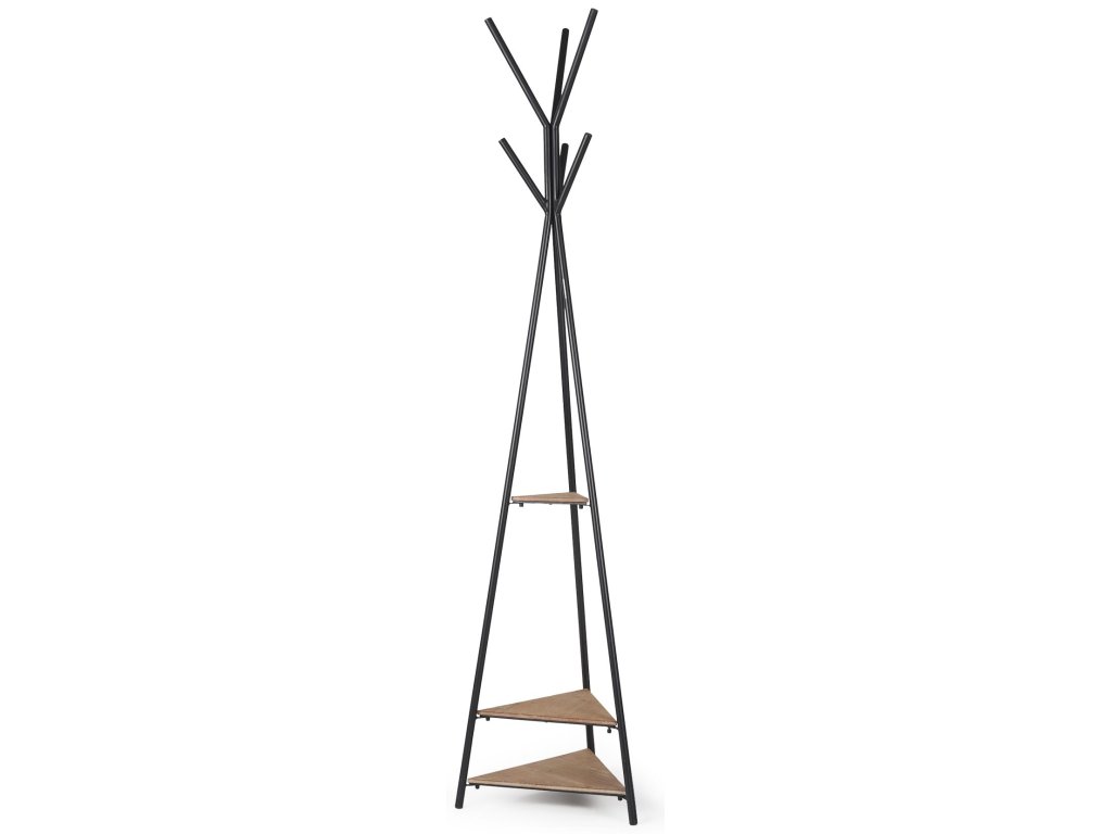 Matte Black Metal w/ Two Wood Shelves Coat Rack