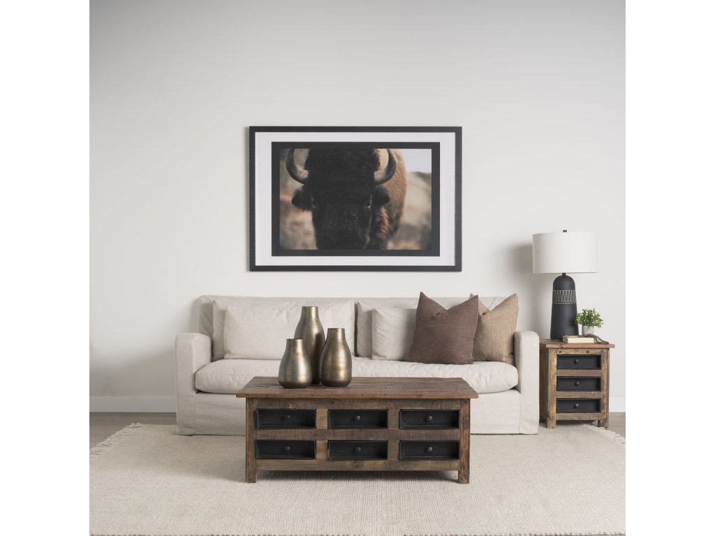 Brown Wood w/ 12 Black Metal Drawers Coffee Table
