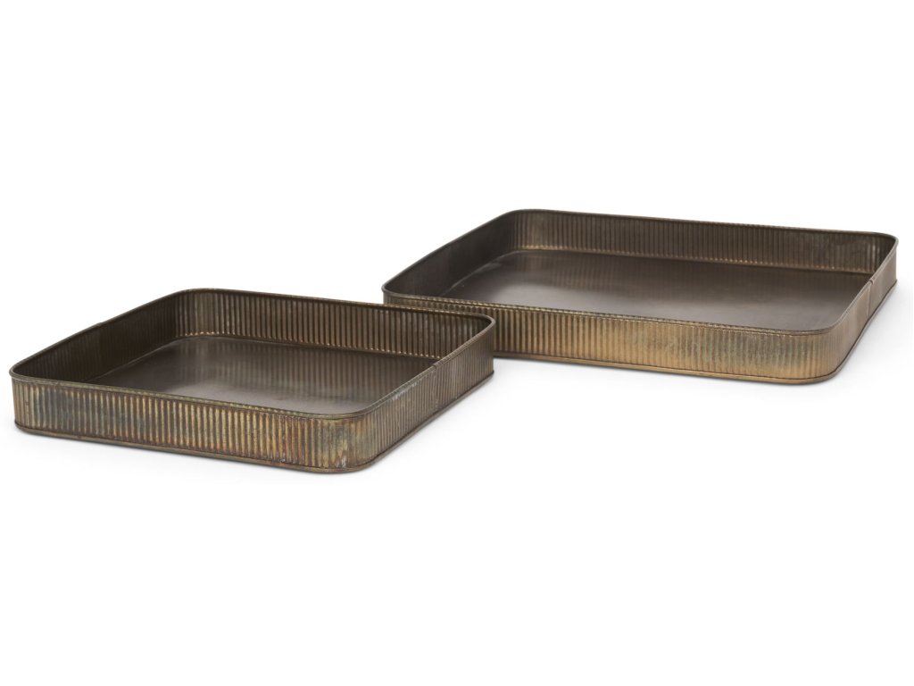Square Antiqued Brass Metal Tray (Set of 2)