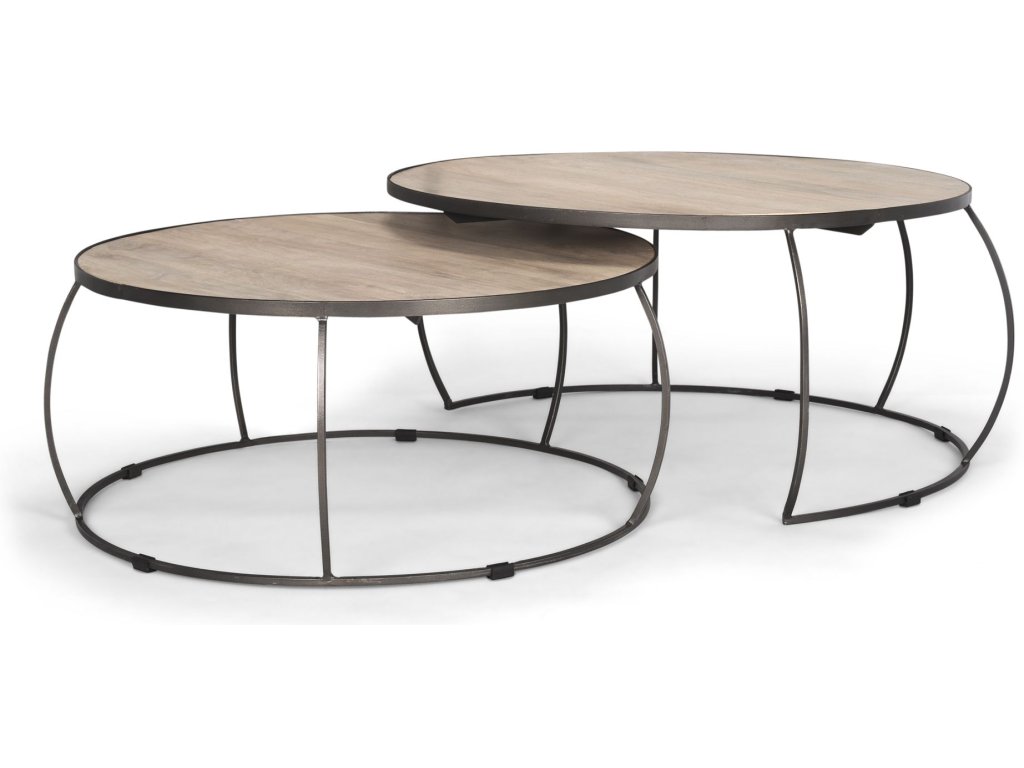 Round Light Brown w/ White Wash Wood and Silver Metal Nesting Coffee Tables (Set of 2)