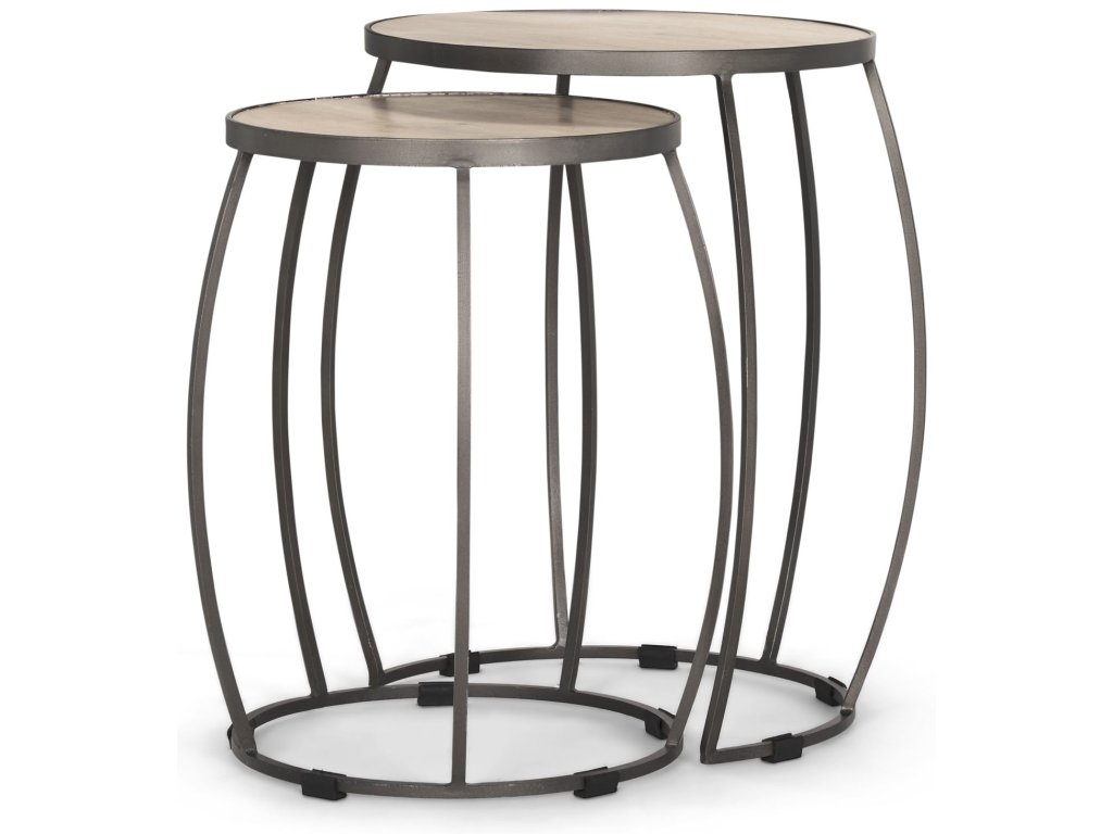 Round Light Brown w/ White Wash Wood and Silver Metal Nesting Accent Tables (Set of 2)