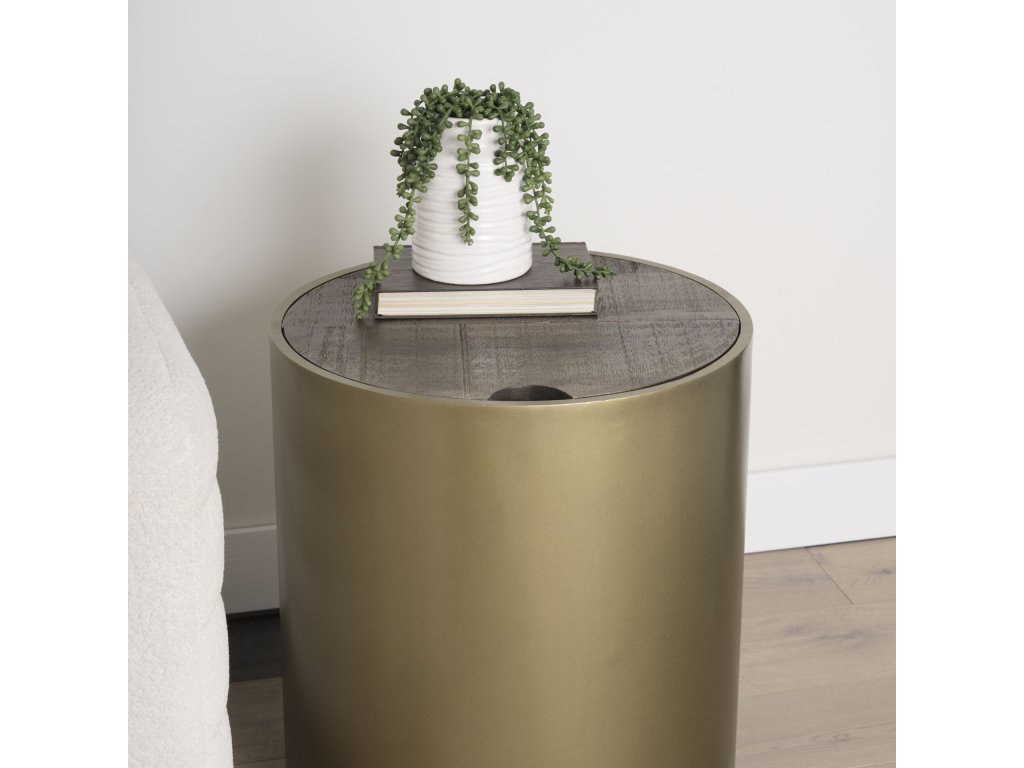 Gold Metal Drum Base w/ Dark Brown Wood Top End/Side Table - Alternative View